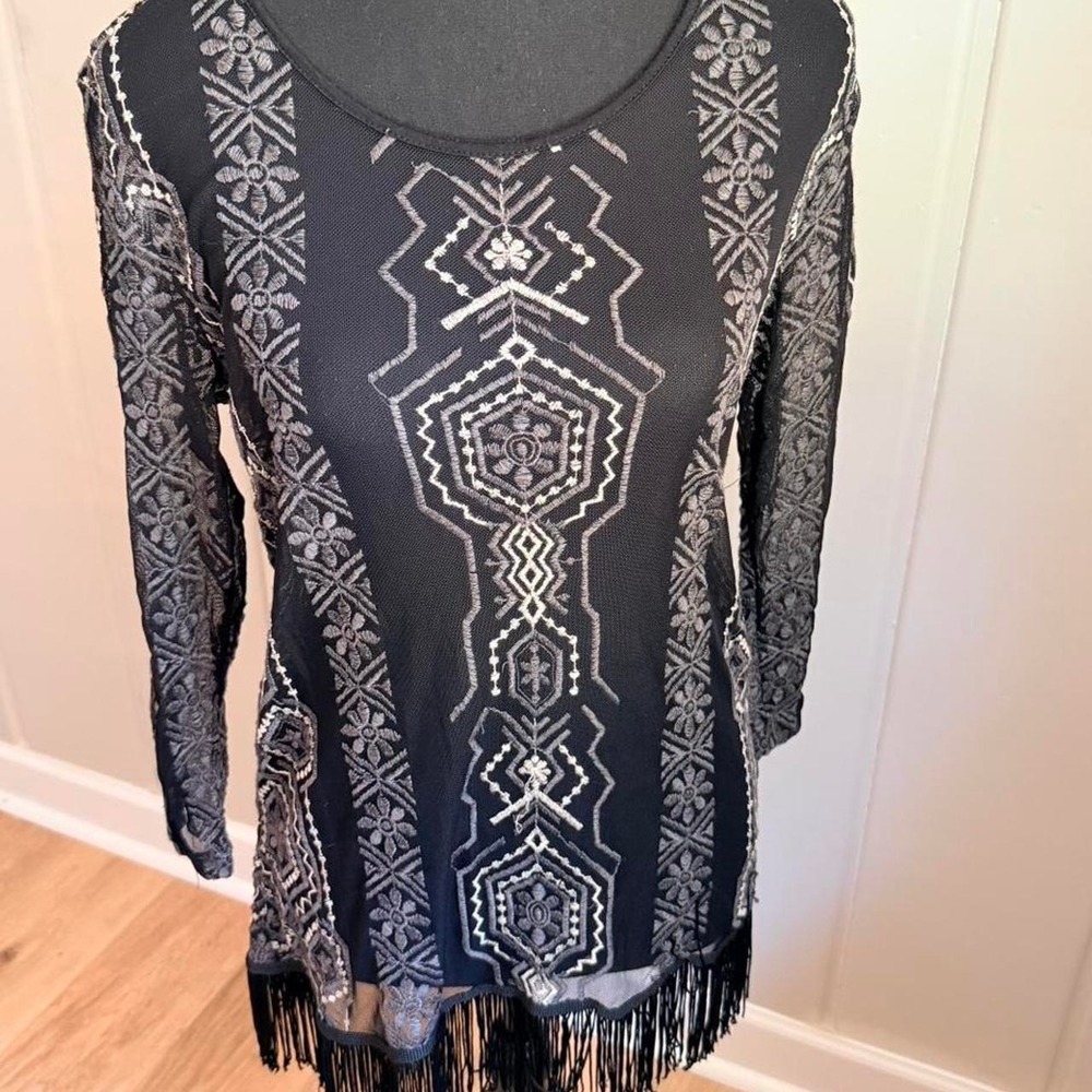 Black sheer embroidered fringe top by Maurices